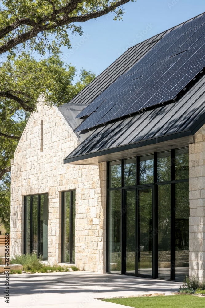 A contemporary architectural masterpiece showcasing sustainable design principles, complete with solar panels, is nestled on a picturesque rural property, all under a bright, clear blue sky A contemporary architectural masterpiece showcasing sustainable design principles, complete with solar panels, is nestled on a picturesque rural property, all under a bright, clear blue sky