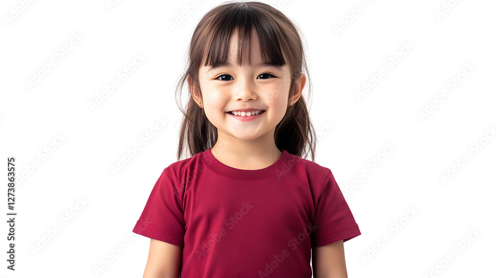 Portrait of a happy beautiful korean kid girl, with short haired bang style, wearing a red T-shirt, front view, mockup concept. Portrait of a happy beautiful korean kid girl, with short haired bang style, wearing a red T-shirt, front view, mockup concept.