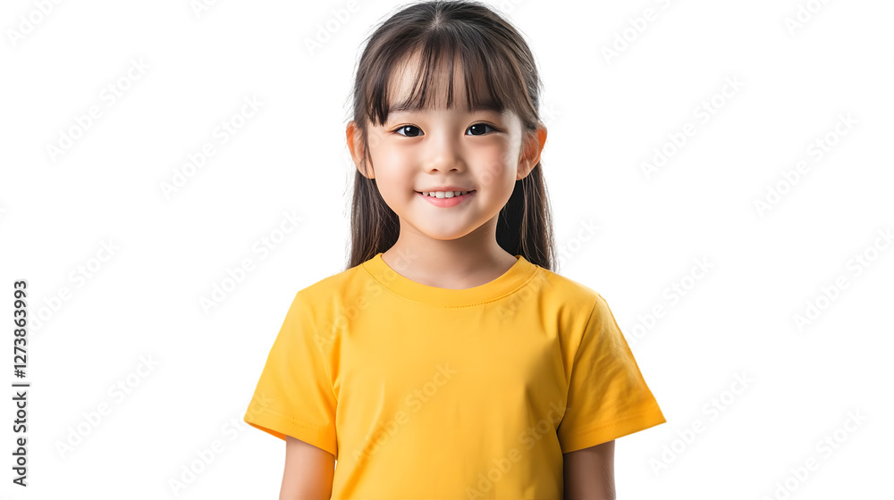 Portrait of a happy beautiful korean kid girl, with short haired bang style, wearing a yellow T-shirt, front view, mockup concept. Portrait of a happy beautiful korean kid girl, with short haired bang style, wearing a yellow T-shirt, front view, mockup concept.