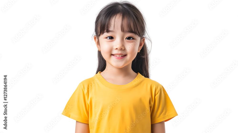 Portrait of a happy beautiful korean kid girl, with short haired bang style, wearing a yellow T-shirt, front view, mockup concept. Portrait of a happy beautiful korean kid girl, with short haired bang style, wearing a yellow T-shirt, front view, mockup concept.