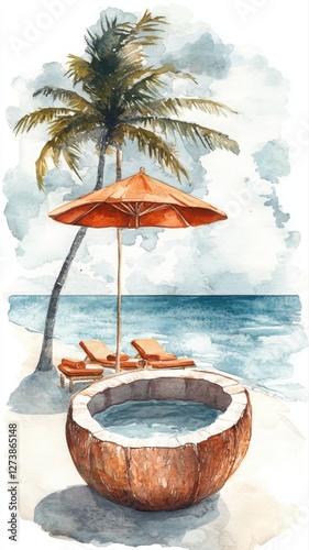 Wallpaper Mural Cracked coconut reveals a tiny tropical resort with pool and sunbeds. Generative AI Torontodigital.ca