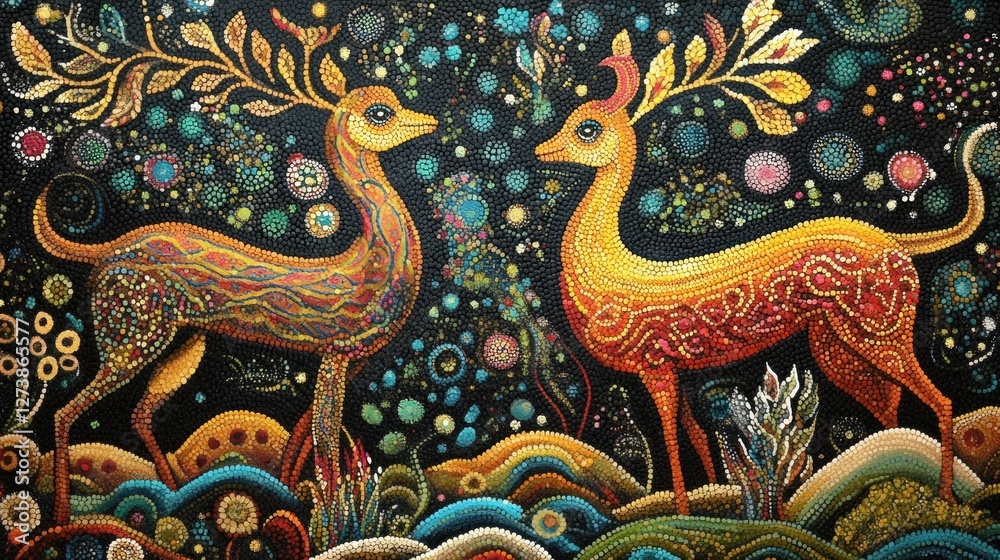 Two colorful deer with antlers against a cosmic background, symbolizing nature and harmony. Two colorful deer with antlers against a cosmic background, symbolizing nature and harmony.