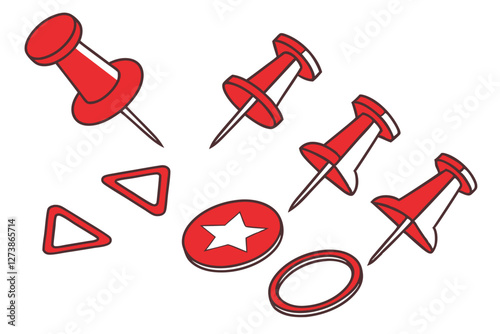  Red pushpins, various shapes, 3D rendering, glossy finish, office supplies, organization tools, bright red color, geometric forms, heart shape, star shape, triangle shape, circle shape, square shap