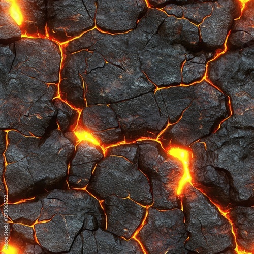 Molten lava texture erupting from cracked ground volcano site digital artwork fiery environment close-up view natural forces