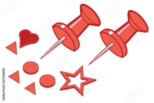  Red pushpins, various shapes, 3D rendering, glossy finish, office supplies, organization tools, bright red color, geometric forms, heart shape, star shape, triangle shape, circle shape, square shap