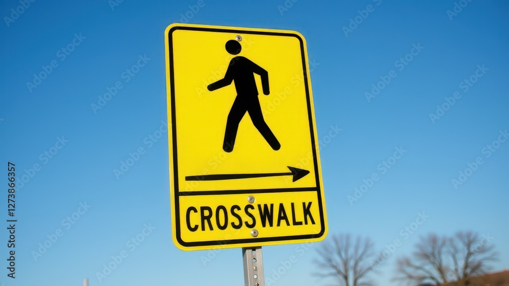 A yellow crosswalk sign with a walking figure and an arrow pointing to the right. A yellow crosswalk sign with a walking figure and an arrow pointing to the right.