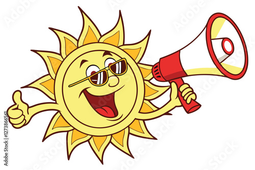  Cartoon sun character, smiling sun with sunglasses, cheerful sun mascot, yellow sun with red megaphone, sun wearing cool shades, anthropomorphic sun, vibrant colors, white background, vector illust