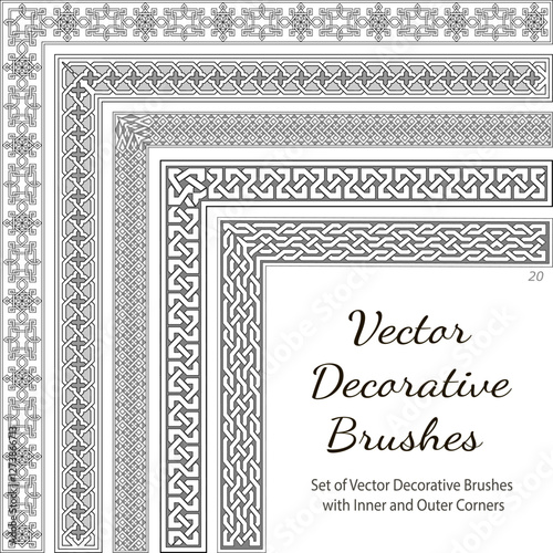 Brushes in ethnic style. A set of five seamless border vector decorative brushes. Set of Vector Decorative Color Brushes. Vector Decorative Brushes with Inner and Outer Corners. 
