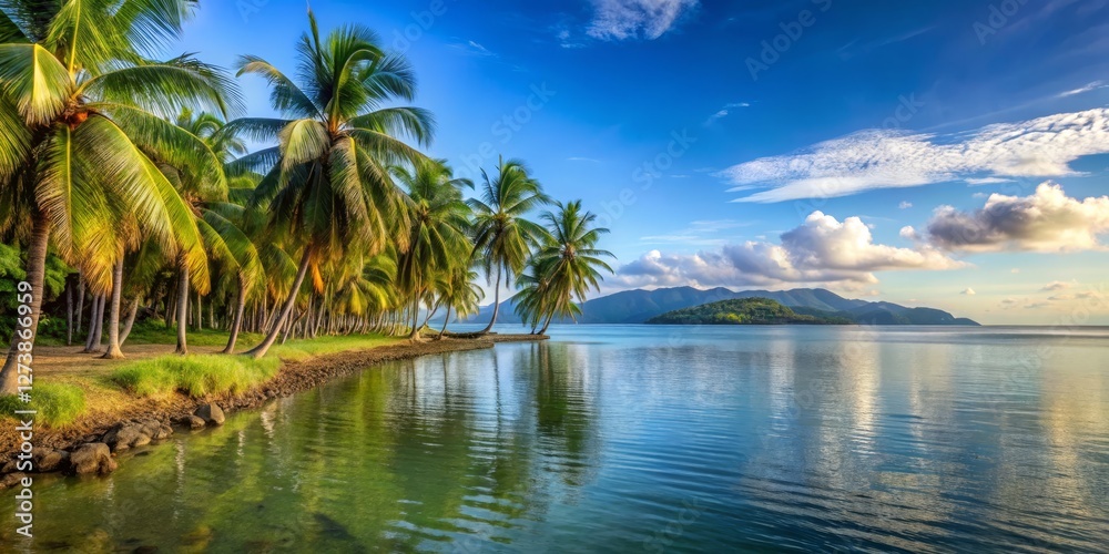Serene Tropical Landscape with Palms and Calm Waters Under Blue Sky Serene Tropical Landscape with Palms and Calm Waters Under Blue Sky
