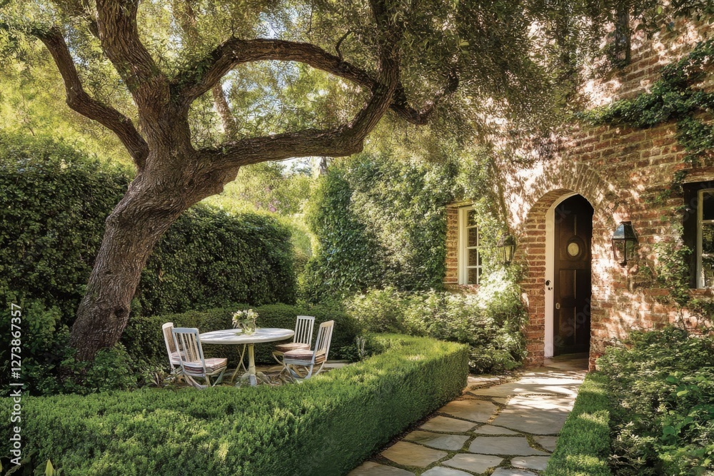 Charming garden with a cozy seating area surrounded by lush greenery and stone pathway in a peaceful residential setting during the afternoon Charming garden with a cozy seating area surrounded by lush greenery and stone pathway in a peaceful residential setting during the afternoon