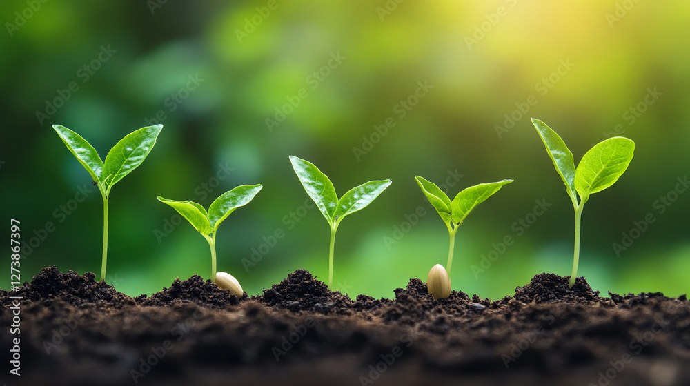 Fototapeta premium Sequential sprout evolution showcases plant growth from seed to young foliage stage