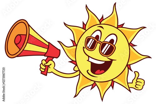  Cartoon sun character, smiling sun with sunglasses, cheerful sun mascot, yellow sun with red megaphone, sun wearing cool shades, anthropomorphic sun, vibrant colors, white background, vector illust