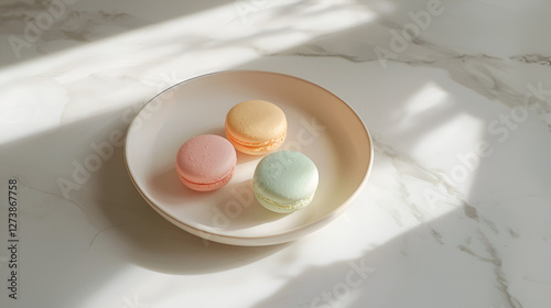 Pastel Macarons: three delicious macarons in pastel colors on a plate against a marble surface