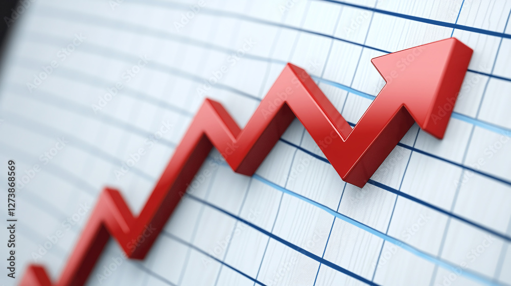 Visual depicting an upward trend, showcasing financial or business growth and success on a rising graph with a prominent red arrow pointing upwards. Visual depicting an upward trend, showcasing financial or business growth and success on a rising graph with a prominent red arrow pointing upwards.