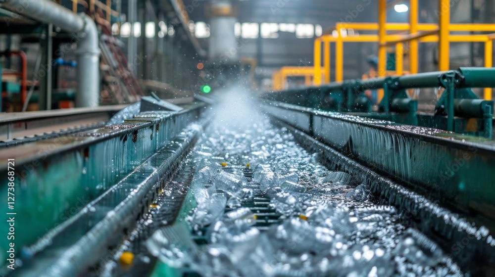 Fototapeta premium Water sprays over a conveyor belt as shards of glass move through an industrial recycling facility, highlighting the recycling process in action under bright lights.