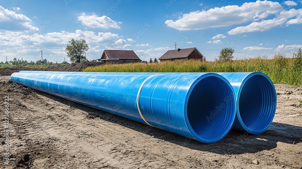 Large blue plastic pipes are lined up, ready for installation in a construction or infrastructure project, set against a rural backdrop. Large blue plastic pipes are lined up, ready for installation in a construction or infrastructure project, set against a rural backdrop.