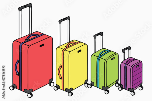  Colorful luggage lineup, vibrant rolling suitcases, rainbow travel bags, hard shell carry-ons, modern trolley cases, multicolored wheeled luggage, organized suitcase display, bright travel accessor