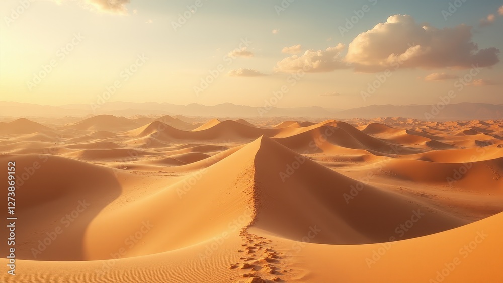 Footprints trail across the desert sand dunes under a golden sky.