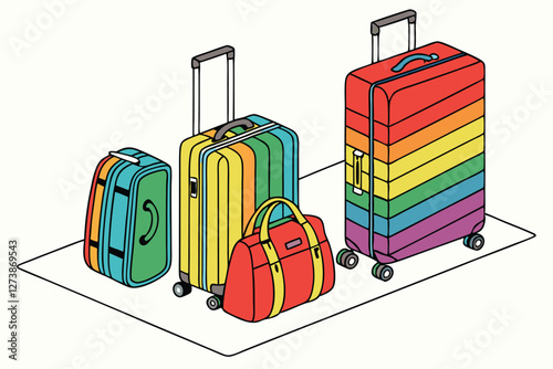  Colorful luggage lineup, vibrant rolling suitcases, rainbow travel bags, hard shell carry-ons, modern trolley cases, multicolored wheeled luggage, organized suitcase display, bright travel accessor