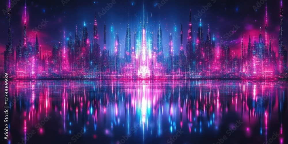 Obraz premium A breathtakingly vivid futuristic cityscape bathed in an ethereal glow of blues, pinks, and purples against a starlit night sky, where towering skyscrapers and sleek architecture intertwine to form a 