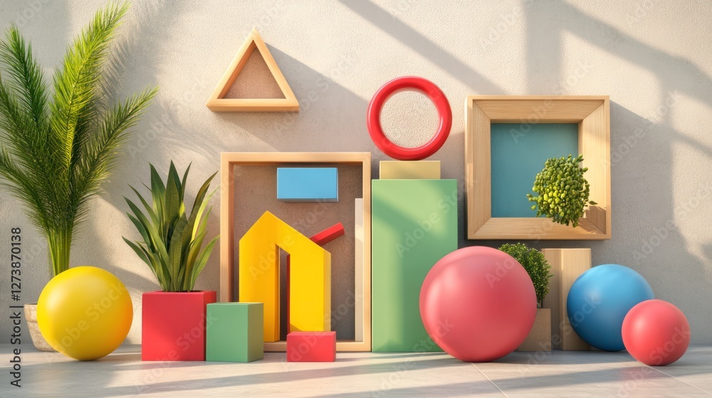 Fototapeta premium Colorful geometric shapes art display