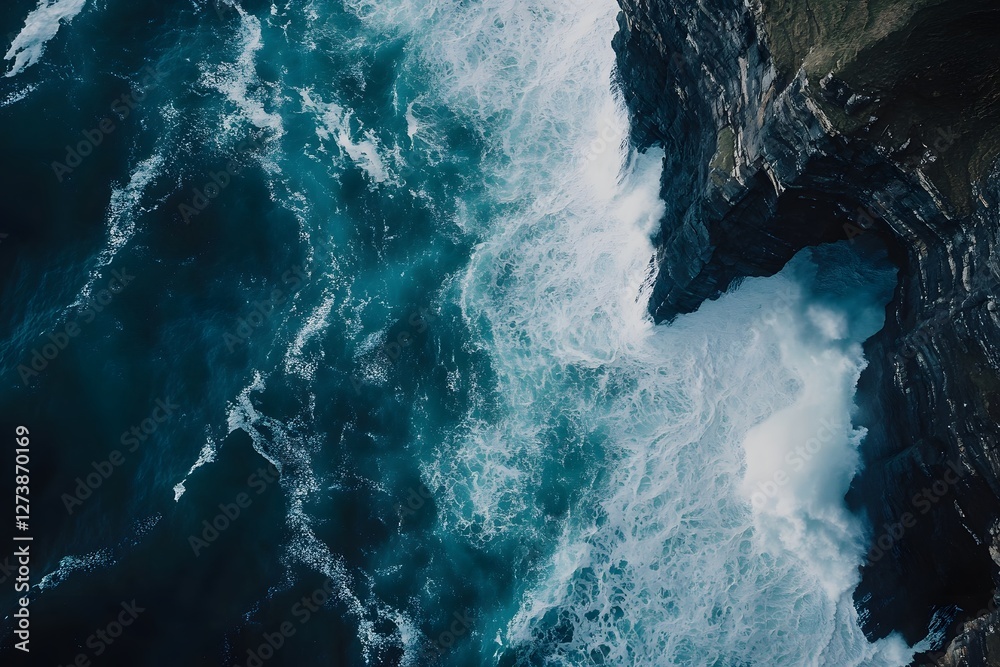 Obraz premium Waves crashing against steep cliffs along a rugged coastline at sunset