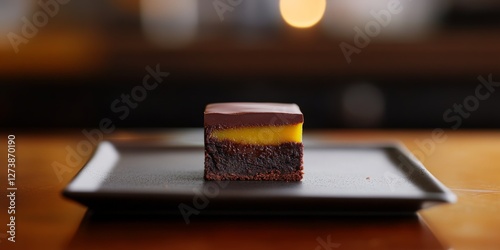 Minimalist Brownie with Mango and Chocolate Ganache Presentation
