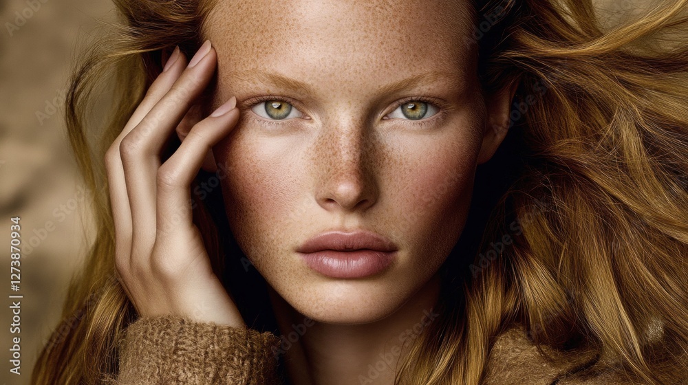 Obraz premium Close Up Portrait of a Beautiful Woman with Freckles and Auburn Hair in Soft Golden Light