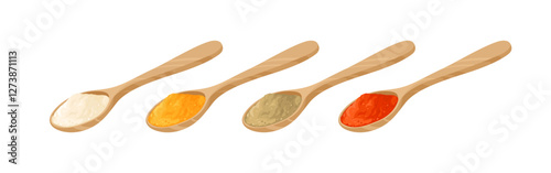 Set of wooden spoons with various powder spices. Vector cartoon flat illustration of curry, ginger, paprika and cumin ground.