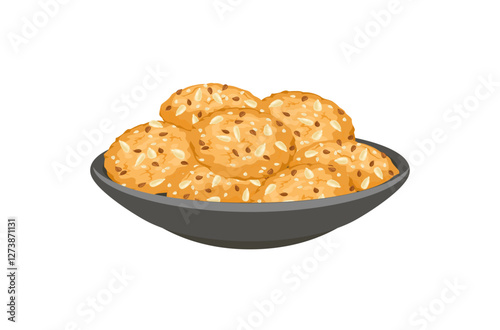 Biscuits with seeds on plate. Vector cartoon flat illustration of sweet healthy cookies. 