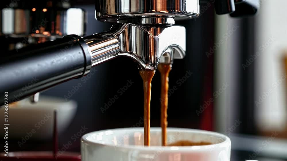 Close-up video angle of espresso pouring into a white cup, capturing the rich texture and color, set against a blurred background for focus.