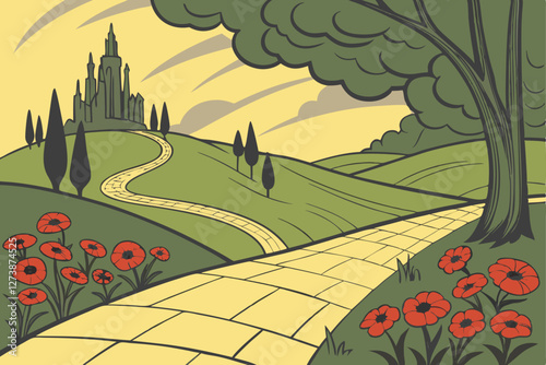  Fantasy landscape, yellow brick road, emerald city skyline, vibrant red poppies, tall cypress trees, stormy sky, golden sunlight, winding path, magical atmosphere, Wizard of Oz inspired, dreamlike 