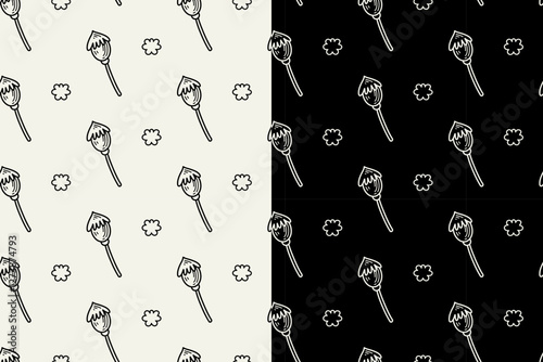 poppy buds with flower doodle seamless pattern on black white background set. poppies burgeon flower engraving pattern background. retro poppy flower buds background for florist decor and merchandise