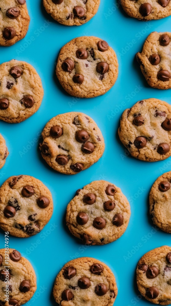 Freshly baked chocolate chip cookies arranged neatly on a bright blue background, creating a delightful visual treat Freshly baked chocolate chip cookies arranged neatly on a bright blue background, creating a delightful visual treat
