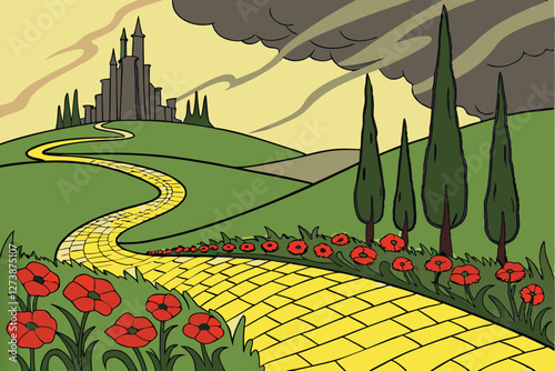  Fantasy landscape, yellow brick road, emerald city skyline, vibrant red poppies, tall cypress trees, stormy sky, golden sunlight, winding path, magical atmosphere, Wizard of Oz inspired, dreamlike 