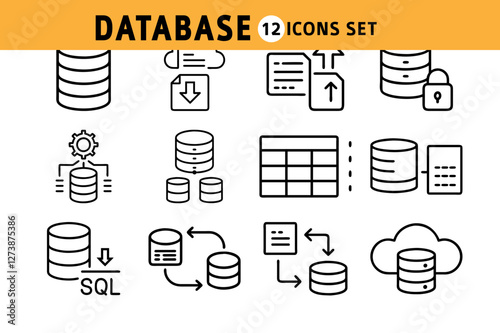 Collection of Black Line Icons Depicting Database Management and Operations