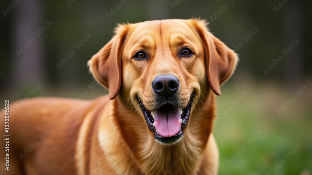 A fox red labrador retriever with a blurred face stands outdoors, showing its tongue. A fox red labrador retriever with a blurred face stands outdoors, showing its tongue.