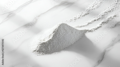White powder mound, elegantly placed on a white marble surface with soft, natural light casting shadows.