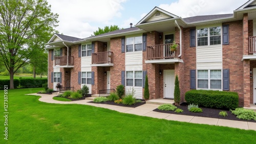Garden style apartments with brick exteriors, balconies, and well-maintained landscaping.