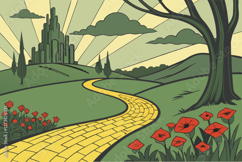  Fantasy landscape, yellow brick road, emerald city skyline, vibrant red poppies, tall cypress trees, stormy sky, golden sunlight, winding path, magical atmosphere, Wizard of Oz inspired, dreamlike 