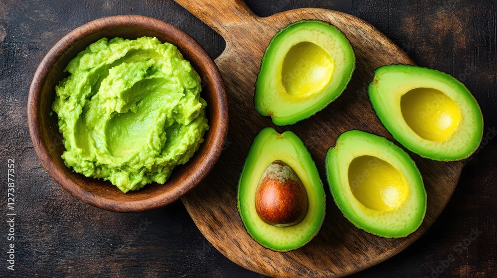 Fresh Avocado Slices and Creamy Guacamole Dip on Rustic Wooden Board for Healthy Eating Fresh Avocado Slices and Creamy Guacamole Dip on Rustic Wooden Board for Healthy Eating