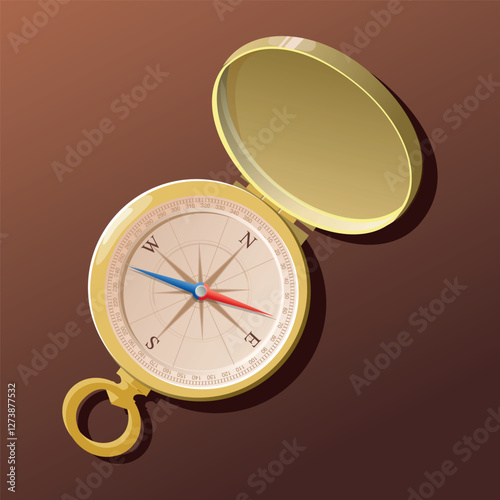 Golden Pocket Compass with Open Lid on Brown Background Representing Navigation and Exploration