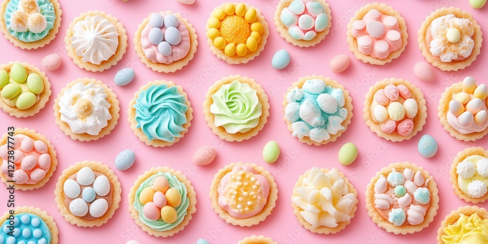 A vibrant close-up of a pink surface adorned with an assortment of colorful small cupcakes, showcasing their delightful textures and decorations. A vibrant close-up of a pink surface adorned with an assortment of colorful small cupcakes, showcasing their delightful textures and decorations.
