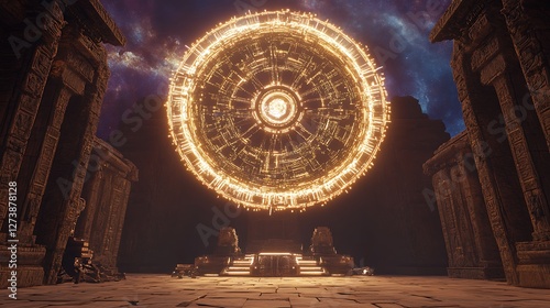 A massive intricately designed wheel floating above an ancient cybernetic temple pulsating with radiant cosmic energy