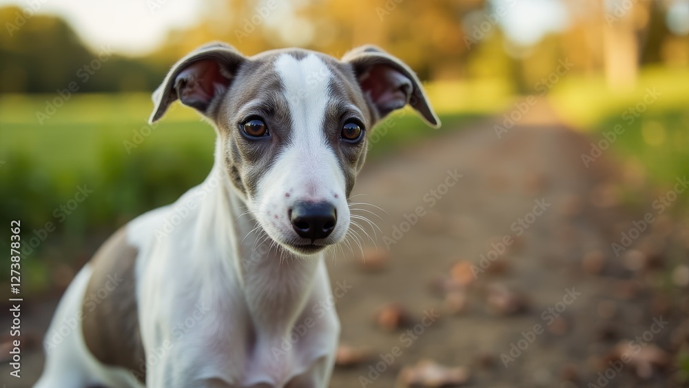 A greyhound puppy with a white and grey coat sits on a path in a park, looking directly at the camera. A greyhound puppy with a white and grey coat sits on a path in a park, looking directly at the camera.