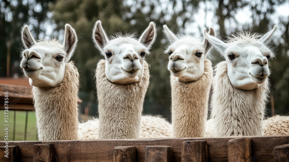 Obraz premium Four llamas peek over a fence