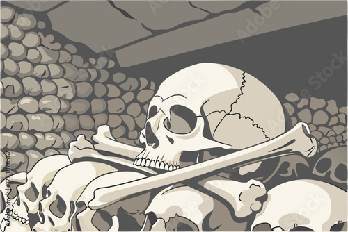  Human skulls, pile of bones, macabre, archaeology, catacombs, Gothic horror, anatomical study, mortality, memento mori, realistic detail, high contrast, dramatic lighting, off-white and beige tones