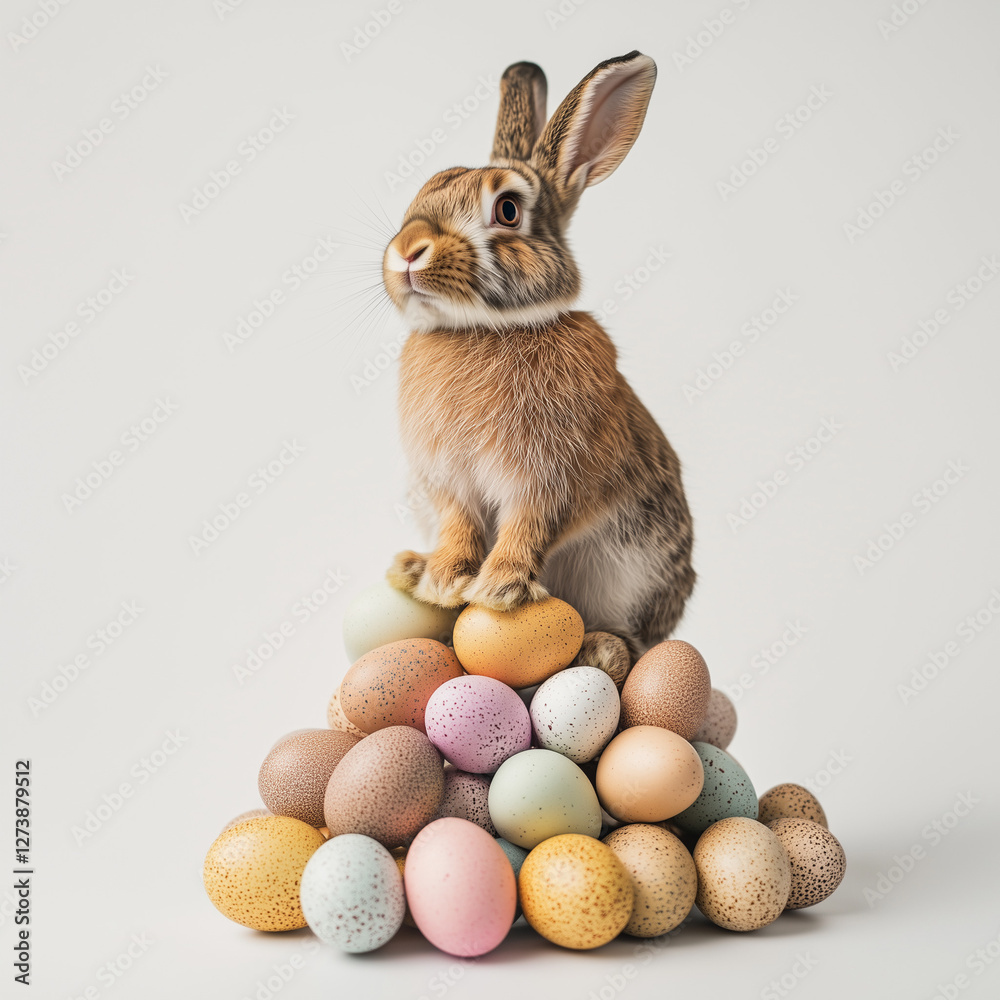 Obraz premium Mischievous rabbit on top of a pile of chocolate eggs for Easter. Perfect for illustrating egg hunts