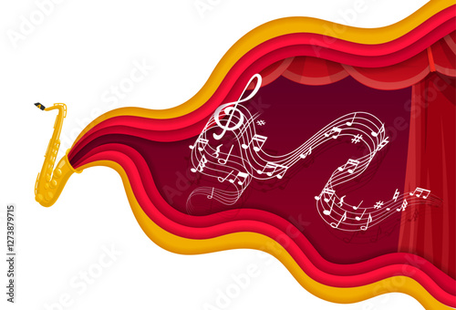 Paper cut saxophone musical background, vector jazz music concert poster. Cartoon saxophone and 3d paper cut layered color waves with music notes, treble clef and musical theater red curtains