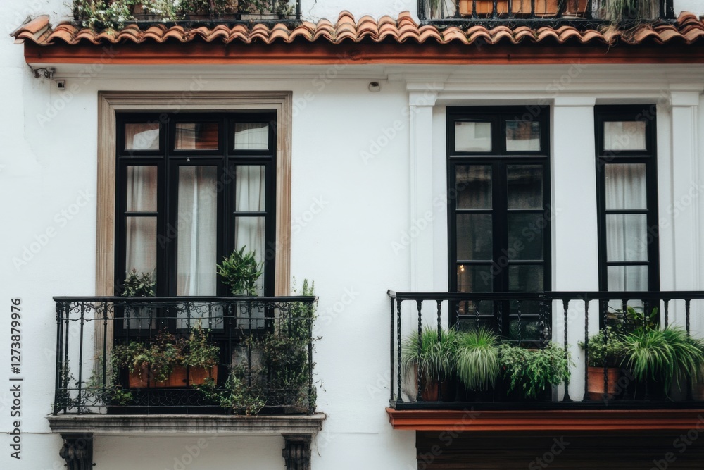 Charming balconies adorned with lush plants showcase beautiful architecture in a vibrant neighborhood during daylight hours Charming balconies adorned with lush plants showcase beautiful architecture in a vibrant neighborhood during daylight hours